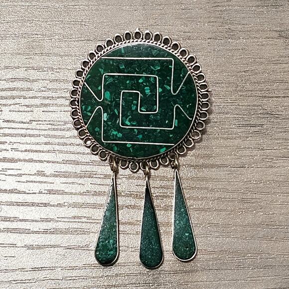 Vintage Taxco Sterling Silver Malachite Teardrop Dangle Brooch & Pendant Option - Picture 1 of 7